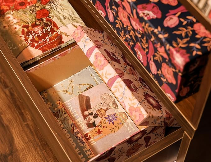 3-Piece Decorative Storage Boxes with Lids, Tulip Cherry Blossom with Gold Foil, Cardboard Paperboard Keepsake box Set, Photo Storage Box for Memory, Home Decor, Modern Decoration Organizer