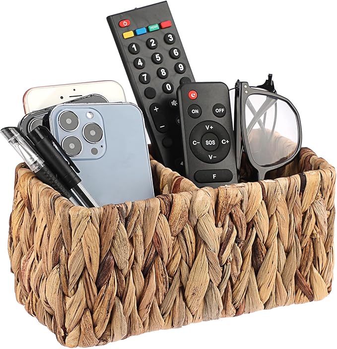 BTSKY Handwoven Remote Control Holder for Table, Natural Water Hyacinth Remote Organizer Caddy Small Wicker Storage Basket, 2-Compartment Office Supplies Desk Organizer Rustic Makeup Brushes Holder