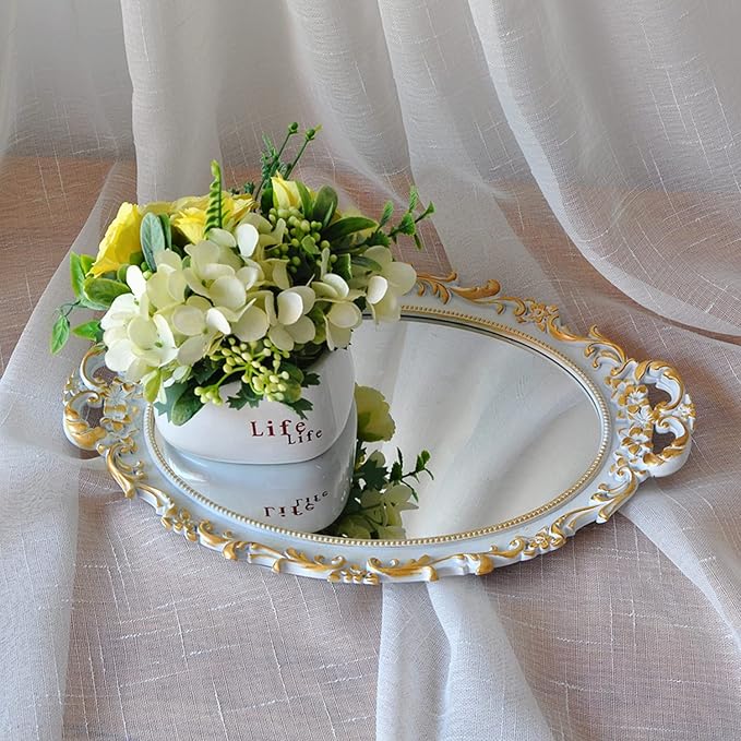 Oval Decorative Mirror Tray, French Style Flower Frame, Makeup Organizer, Jewelry Organizer, Serving Tray, 9.8"x 14.6", Golden White