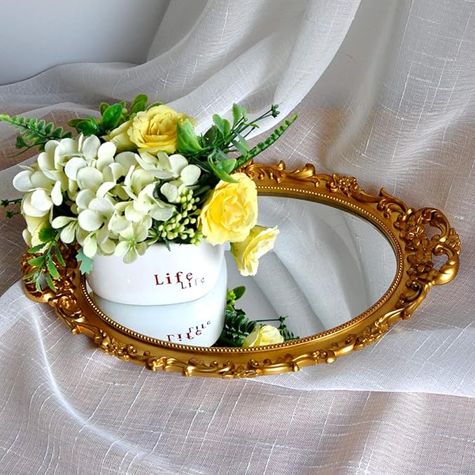 Oval Decorative Mirror Tray, French Style Flower Frame, Makeup Organizer, Jewelry Organizer, Serving Tray, 9.8"x 14.6", Gold