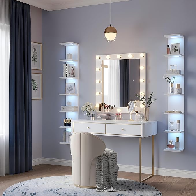 VIWODS 7 Tier Wall Shelf with Lights, White Lack Wall Shelf, Display Floating Shelves with Remote Control for Home Decor Bedroom Vanity