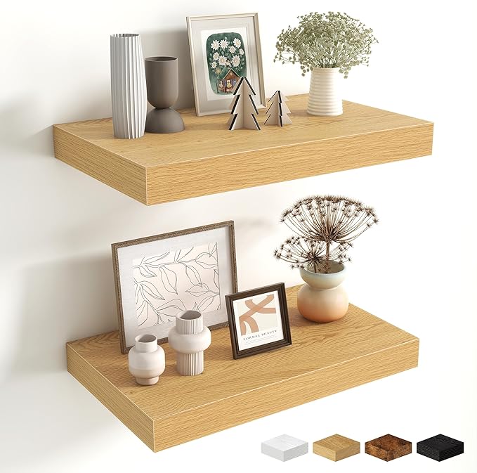 Fun Memories Floating Shelves for Wall - 10 x 16 Floating Shelf - Rustic Wood Storage Shelf - Wall Shelves with Invisible Bracket - 16" Bookshelves for Living Room & Bedroom - Oak - Set of 2