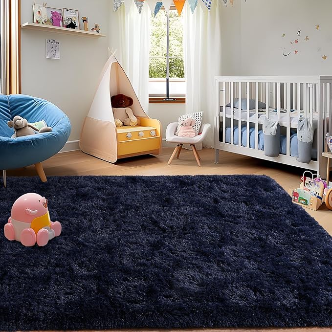 5x7ft Fluffy Fuzzy Area Rug for Living Room Bedroom, Ultra Soft Rugs for Living Room, Modern Shaggy Carpets Rug for Boys Girls Dorm Nursery Home Decor Aesthetic, Upgrade Non-Slip Durable, Dark Blue