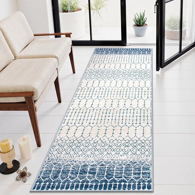 Lahome Moroccan Washable Blue Runner Rug 2x6 Rug Runners for Hallways Non Slip Throw Stain Resistant Kitchen Runners, Geometric Print Distressed Indoor Floor Rug for Entryway Bathroom Bedroom Hana