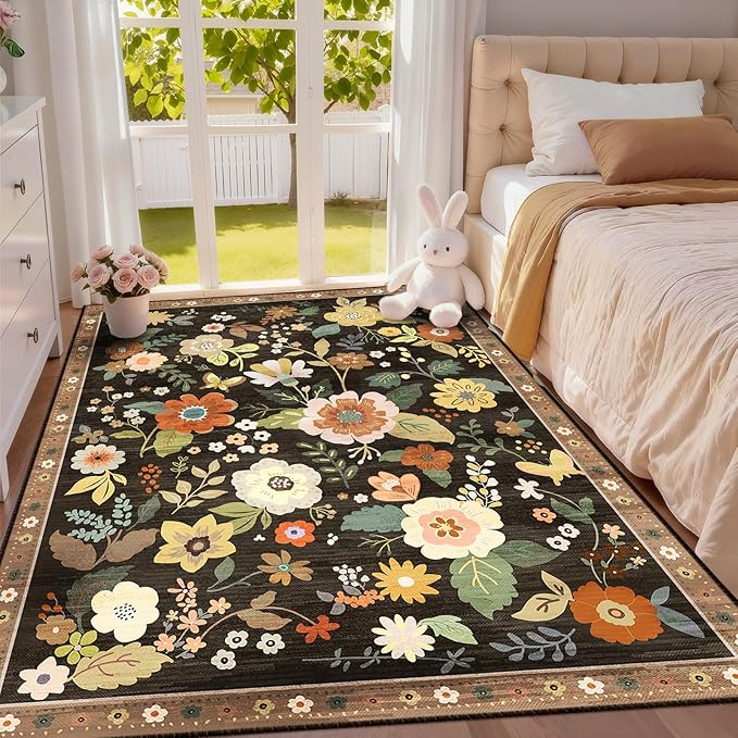 RELEANY Floral Nursery 3x5 Area Rugs Washable Print Boho Cute Carpet Non Slip Flower Low Pile for Living Room Kids Girls Playroom Bedroom Kitchen Office Farmhouse-Black/Yellow/Red