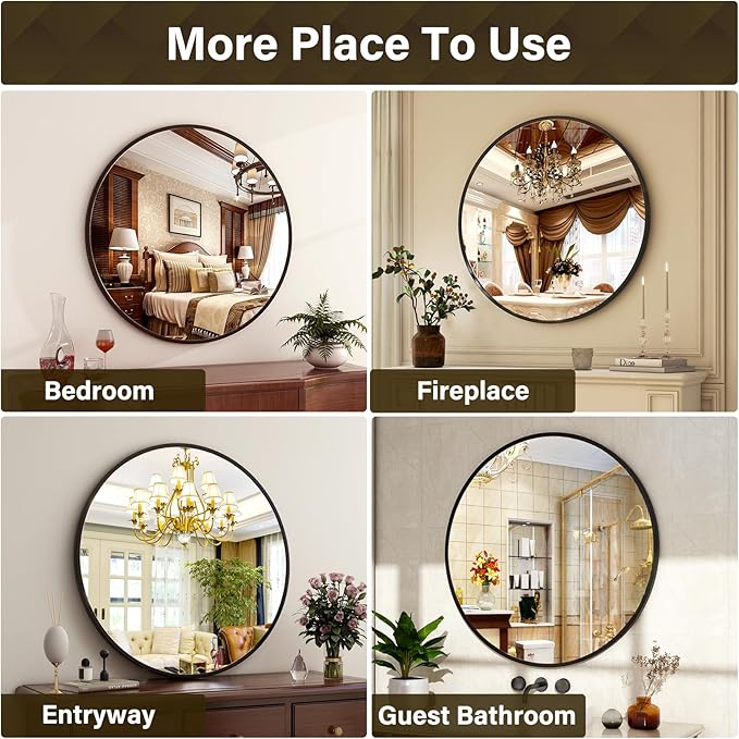 XRAMFY 36 Inch Round Mirror - Circle Mirrors for Bathroom, Entryway and Living Room Wall Decor, Modern Hanging Vanity Mirror, Matte Black Circle Decorative Wall Mirror