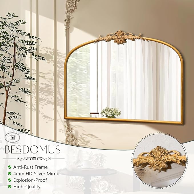 Besdomus Antique Arched Gold Mirror: 32"x24" French Large Antique Vanity Wall Mounted Mirror - Baroque Decorative Traditional Ornate for Fireplace/Bathroom/Bedroom - Wall Decor for Homemakers