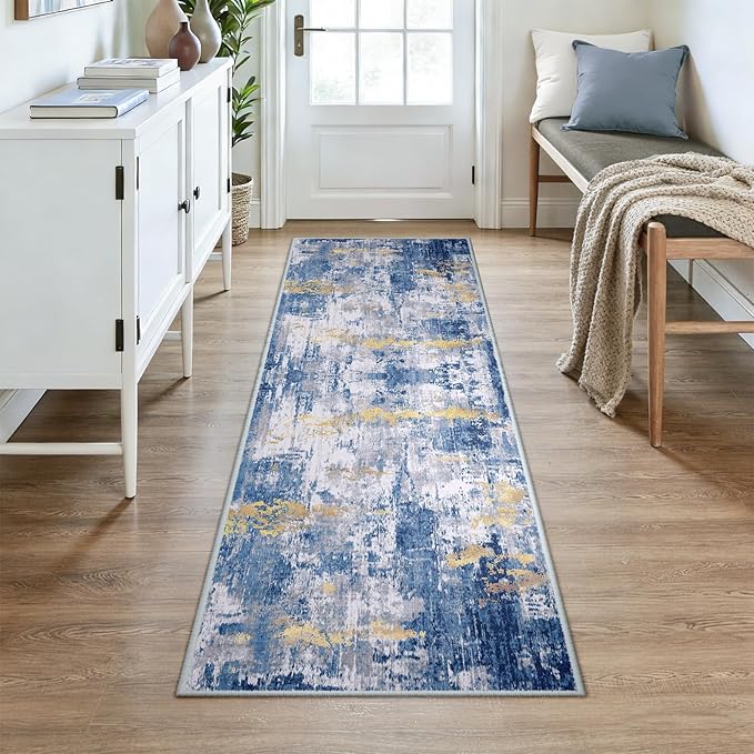 RELEANY Washable Area Rugs 3x7 Non-Slip Modern Abstract Soft for Living Room Entryway Bedroom Nursery, Print Pattern, Grey Blue Gold/Golden