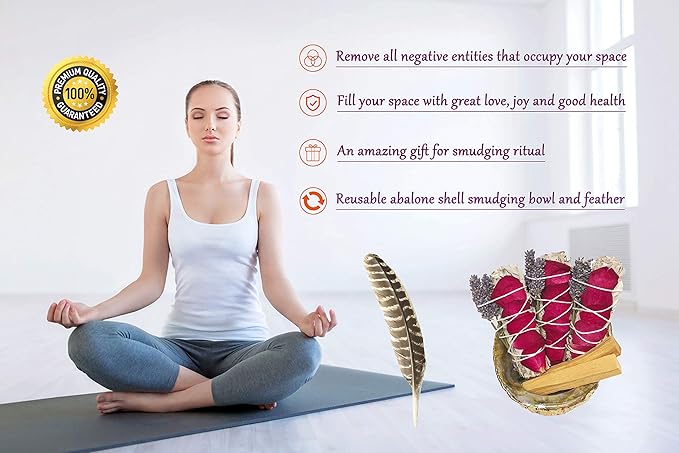 Tomoko White Sage Smudge Kit - 3 White Sage with Rose and Lavender, 2 Palo Santo, Abalone Shell, Wooden Tripod Stand & Feather! Healing, Purifying, Meditating, Incense & Cleansing