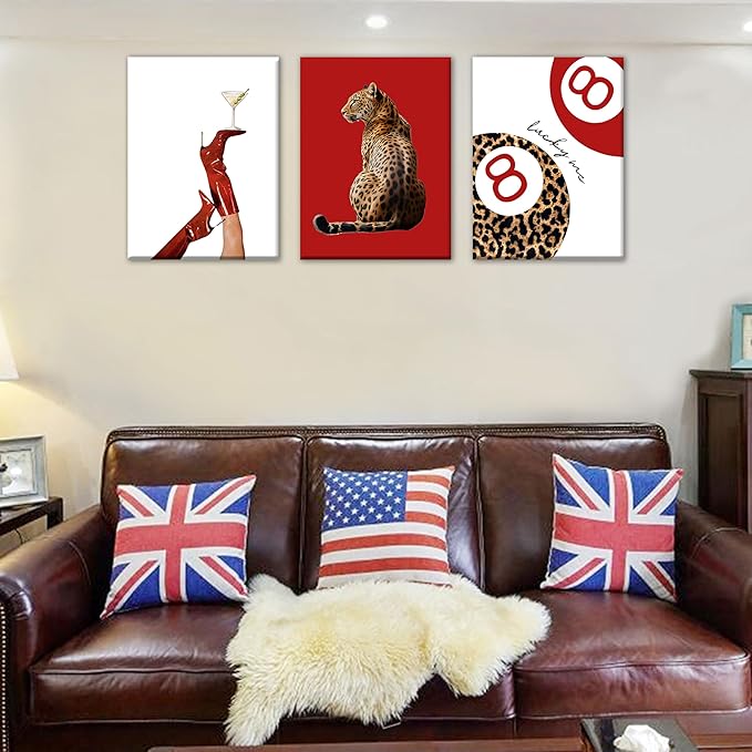 3Pcs Trendy Leopard Wall Art Preppy Funky Red Boot Martini 8 Ball Wall Decor Pictures Vintage Feminism Aesthetic Cheetah Canvas Poster Prints for Girly Bedroom Apartment Dorm Decoration 12X16