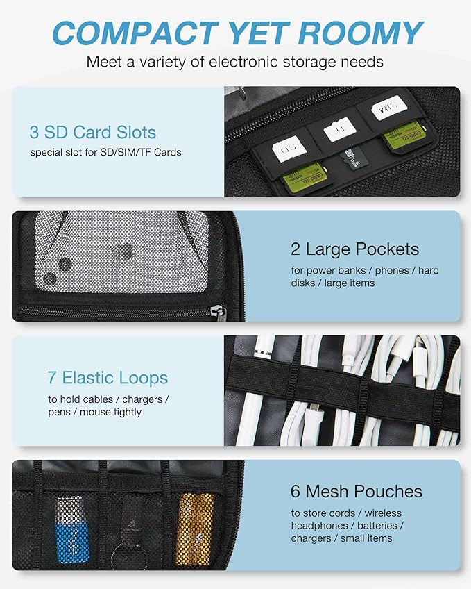 BAGSMART Large Electronics Organizer Travel Case, Travel Cable Organizer Bag for Travel Essentials, Travel Tech Organizer as Travel Accessories, Cord Organizer for Phone, Power Bank SD Card, Blue