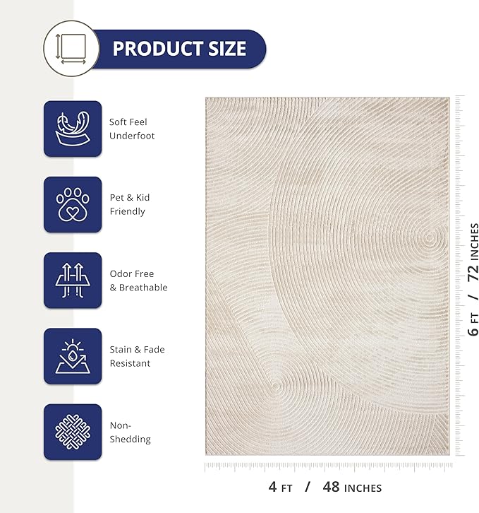 Abani Neutral Beige Area Rug | 4' x 6' Tan Geometric Carpet with Zen Circle Pattern | Rugs for Living Room, Bedroom, Office
