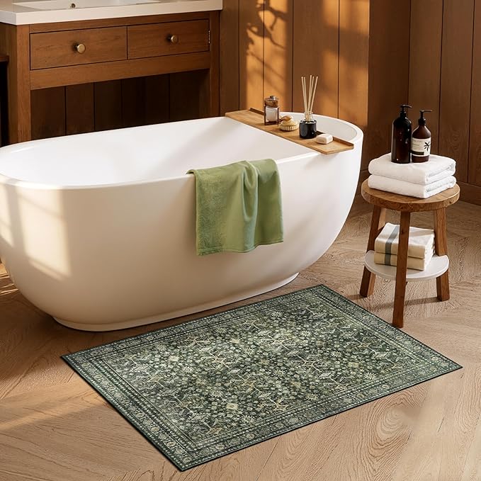 Lofus 2x4 Area Rug for Entryway Bathroom, Green Non Slip Washable Kitchen Mats for Floor, Soft Door Mat Indoor Entrance, Small Area Rugs, Farmhouse Carpet for Entry Living Room Bedroom
