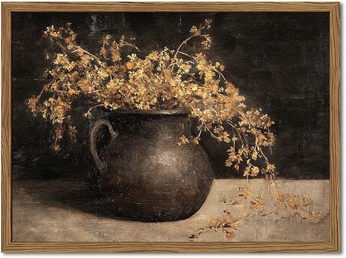 Framed Vintage Floral Wall Art, 3D Textured Sandstone Dark Still Life Flowers Wall Decor Paintings, Rustic Botanical Pictures Prints Aesthetic Home Decor for Living Room Bedroom 16x24 inch