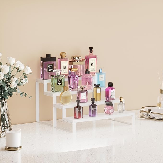 White Wood Cologne Organizer for Men Women,4 Tier Perfume Stand for Dresser Waterproof Cologne Stand with Anti-Slip pads for Party,Makeup,Figures,Cupcake,Perfume,Display Risers Stand Organizer