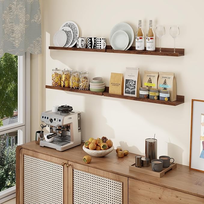 Axeman Picture Ledge Shelf | 24 Inch Walnut Floating Shelves Set of 4 | Rustic Wood Wall Shelves with Lip | 24" Walnut Picture Shelves for Wall with Ledge | Photo Shelves