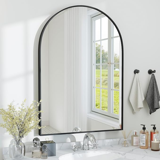 SCWF-GZ 36x24 Arch Mirror Rectangle Full Length Wall Mounted Hanging or Against Wall Metal Aluminium Alloy Frame Dressing Make-up Mirrors for Entryway Bedroom Bathroom Living Room 36 24 inch Black