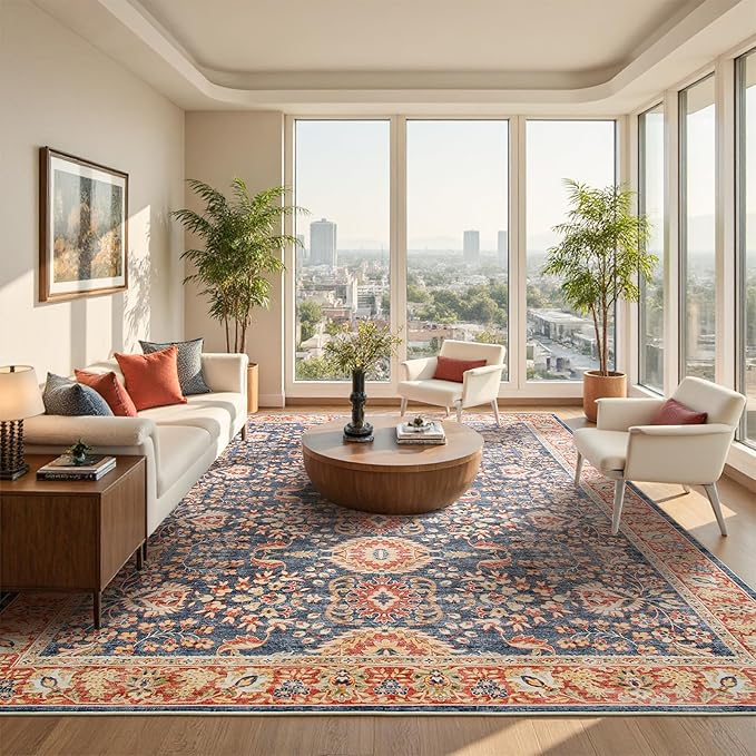 Goideal Washable Rug 6x9, Vintage Area Rugs Non Slip, Indoor Low Pile Carpet with Rubber Backing for Living Room Kitchen Bathroom Entryway Office Bedroom, Navy Blue & Orange
