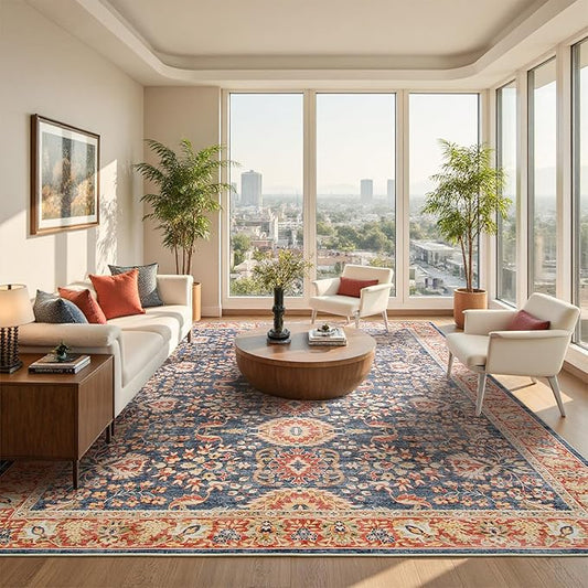 Goideal Washable Rug 8x10, Vintage Area Rugs Non Slip, Indoor Low Pile Carpet with Rubber Backing for Living Room Kitchen Bathroom Entryway Office Bedroom, Navy Blue & Orange
