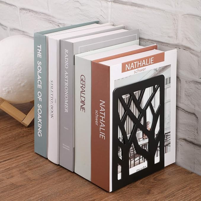 MaxGear Book Ends Tree Design Modern Bookends for Shelves, Non-Skid Bookend, Heavy Duty Metal Book Stopper for Books/CDs, Decorative Books Shelf Home, 7 x 4.7 x 3.5”, Black, 8 Pair/16 Pieces, Large