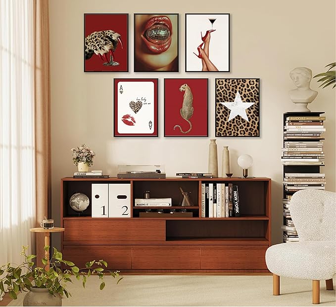 6pcs Trendy Red Fashion Leopard Wall Art Funky Lucky Wall Decor Ace Of Hearts Spades Poker Canvas Prints Vintage Room Aesthetic Pictures Posters Cheetah Painting for Girly Apartment Dorm Unframed