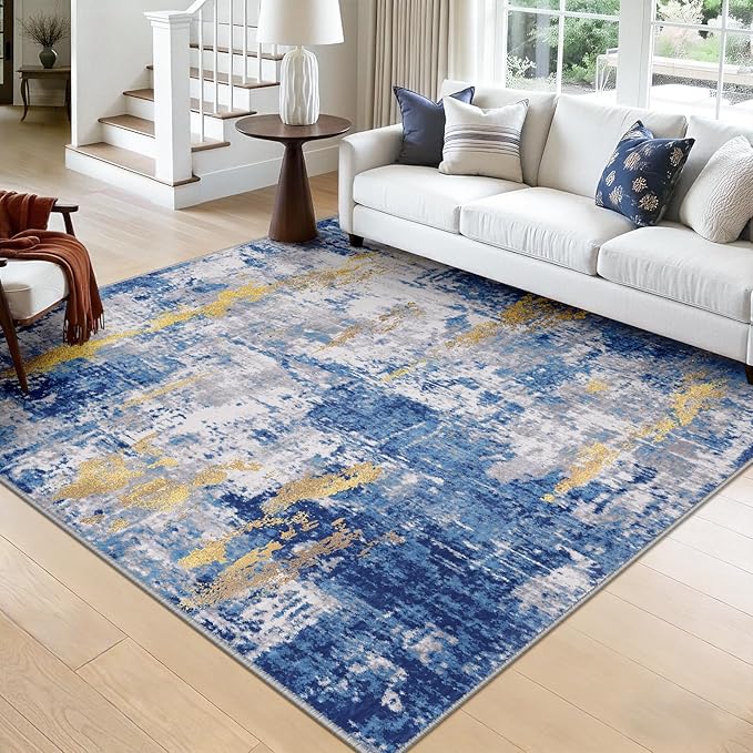 RELEANY Washable Area Rugs Square 8ft Non-Slip Modern Abstract Soft for Living Room Entryway Bedroom Nursery, Print Pattern, Grey Blue Gold/Golden