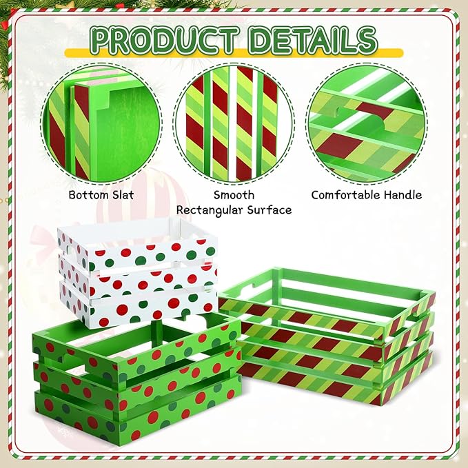 Novabright 3 Pcs Christmas Wood Crates 13'' 11'' 9'' Decorative Rustic Nesting Crate with Handle Farmhouse Wood Storage Basket Gift Boxes for Winter Display Candy Craft Pet Holiday Decor(Clean Style)