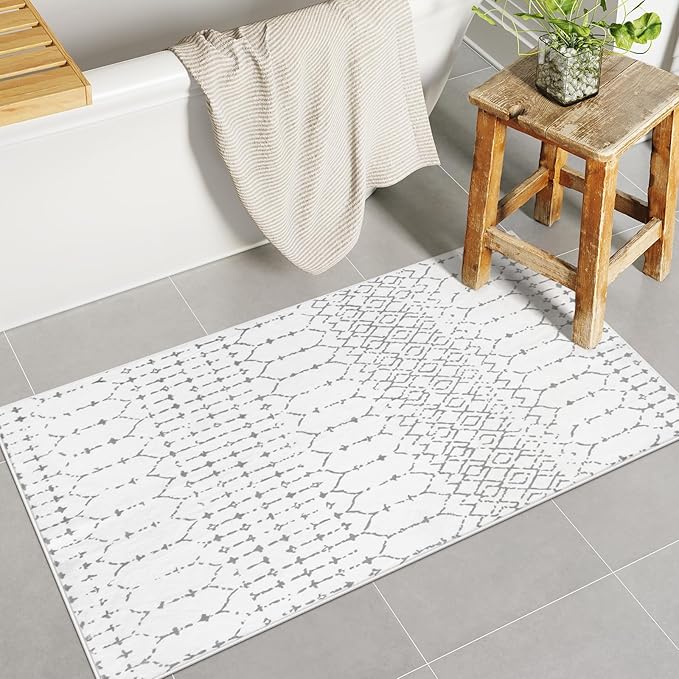 Lahome Moroccan Runner Rug for Hallway - 2x4 Rug Washable Non-Slip Small Carpet Runner Lightweight Throw Rubber Back Bath Carpet, Geometric Print Mat for Kitchen Entryway Bedroom Hana (White, 2'x4')