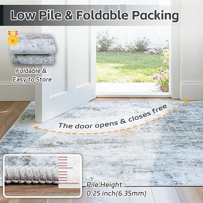 5x7 Area Rugs Washable Rug:Anti-Skid Abstract Modern Living Room Rug Soft Thin Carpets Indoor Floor Non-Shedding Carpet for Bedroom Dining Farmhouse Nursery Home Office(Blue/Grey/Gold/White, 5x7)