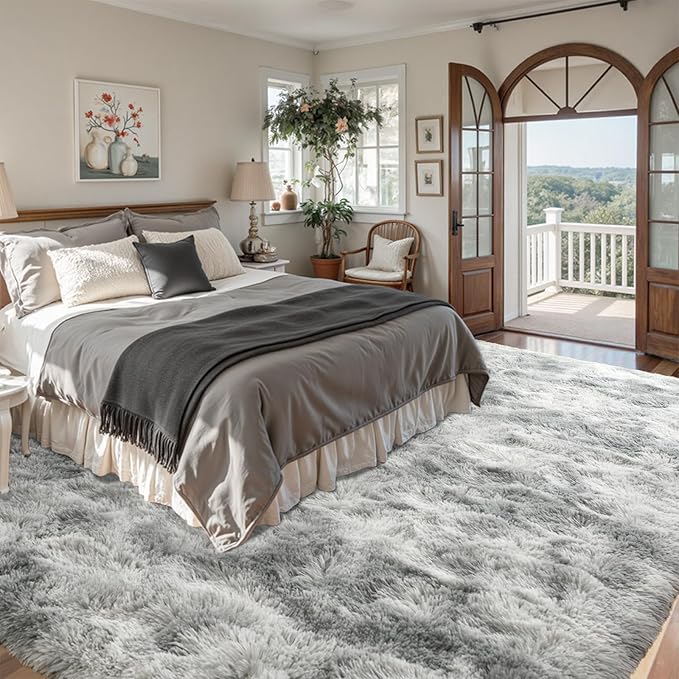 9x12 ft Rug for Living Room Fluffy Grey White Shag Rug Non-Slip Area Rugs Carpet for Bedroom Nursery Kids PlayRoom Dorm Office Indoor Modern Plush Carpets