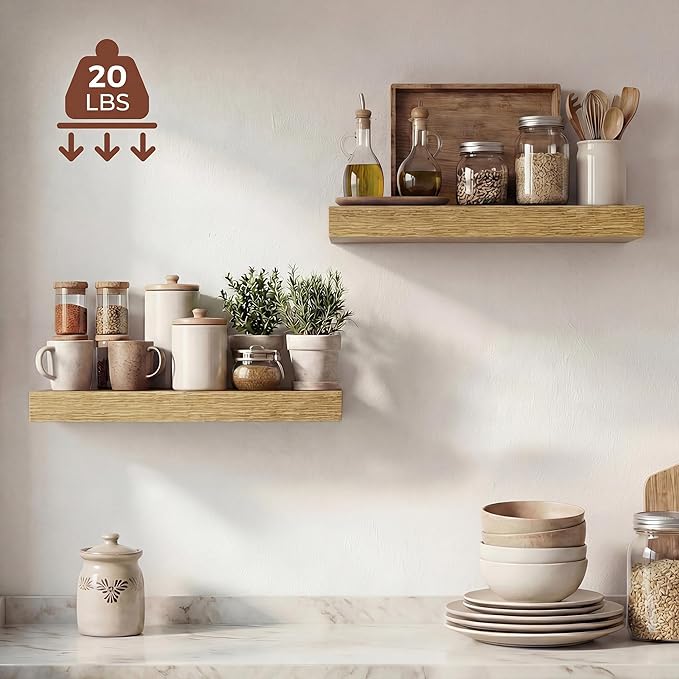 Dreamland 16 Inches Floating Shelves for Wall, 9.3" Deep Long Floating Shelves Set of 2, Large Display & Storage Shelf, Wall Shelf for Bathroom Bedroom Living Room Kitchen Office, Oak