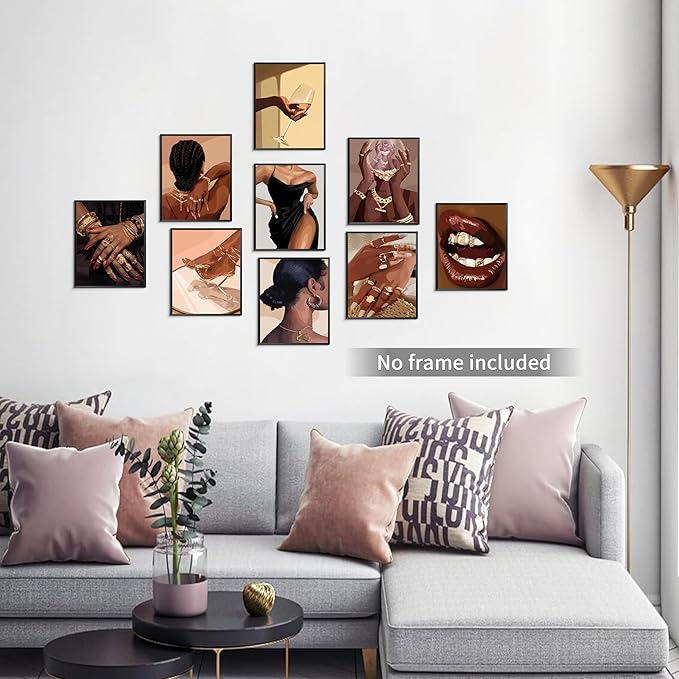 SEHSUVC Black Girl Posters Wall Art Set of 9, Abstract African American Woman Canvas Wall Decor Painting, Trendy Boho Artwork Aesthetics Prints for Living Room Bedroom Home Decor 8x10in Unframed