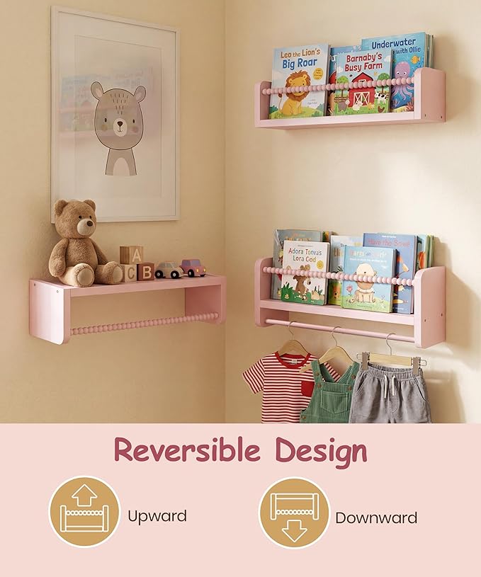 Nursery Book Shelves for Wall Set of 3, Pink Natural Wood Bookshelf Wall Decor, Small Floating Shelf Organizer for Kids Room, Bedroom, Kitchen Spice Rack