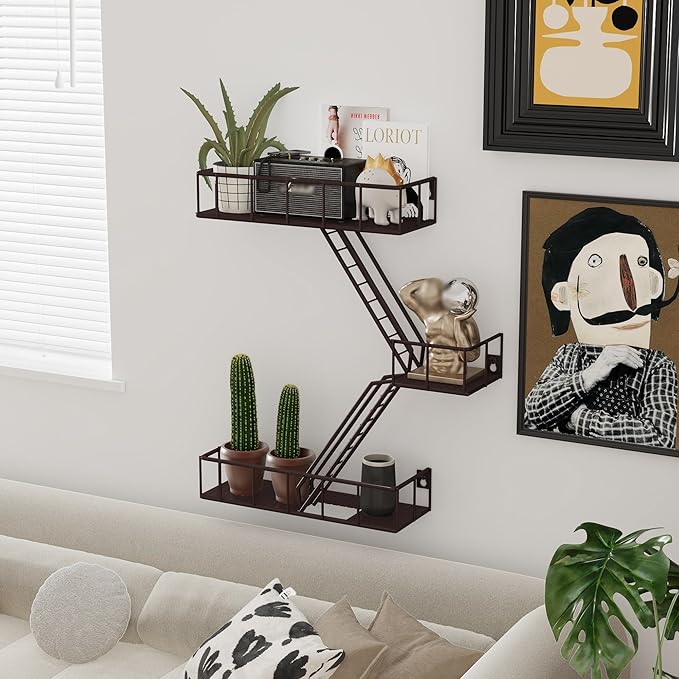 Fire Escape Shelf - 3 Tier Metal Coffe Fire Escape Wall Shelves with Baskets, New York Action Figurine Display Shelf, Unique Rustic Floating Decorative Wall Shelves for Any Room