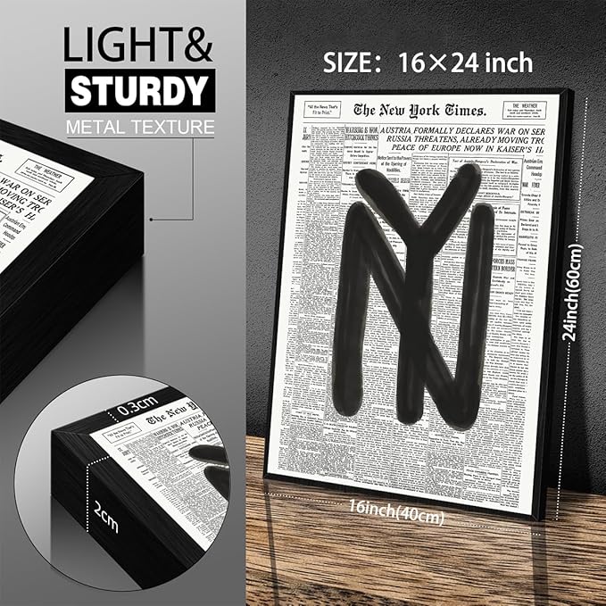 Black and White Newspaper Wall Art Vintage New York City Poster Trendy Minimalist Aesthetic Canvas Prints 16X24 inch Black Framed for Apartment Bedroom Wall Decor