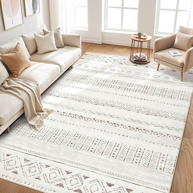 cotiled 10x12 Area Rug Living Room: Washable Boho Rugs with Non Slip Backing Large Soft Indoor Stain Resistant Carpet for Bedroom Farmhouse Dining Room Lightweight Home Decor L Brown/Cream