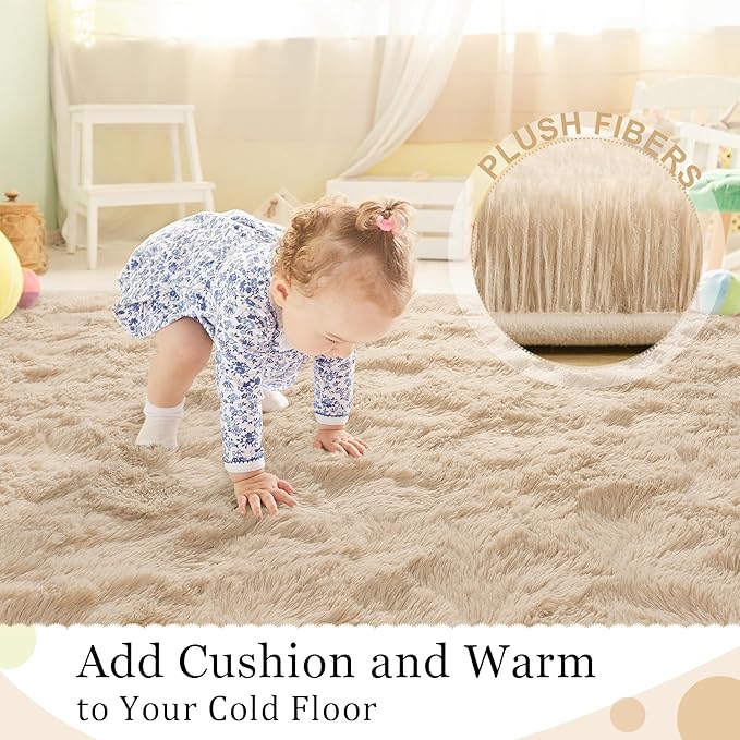 BENRON Fluffy Rugs for Living Room 6x9 Light Tan, Washable Large Area Rugs for Bedroom Dining Table Office Kids Nursery Room, Washable Indoor Floor Carpets