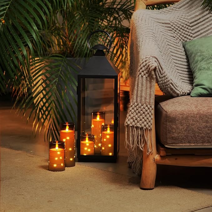 Homemory Flameless Candles with Embedded Star String Fairy Lights, Battery Operated Candles, LED Candle, Fake Candles with Remote Control and Timer for Halloween, Gray Acrylic, Set of 5(H4"5"6"8"8")