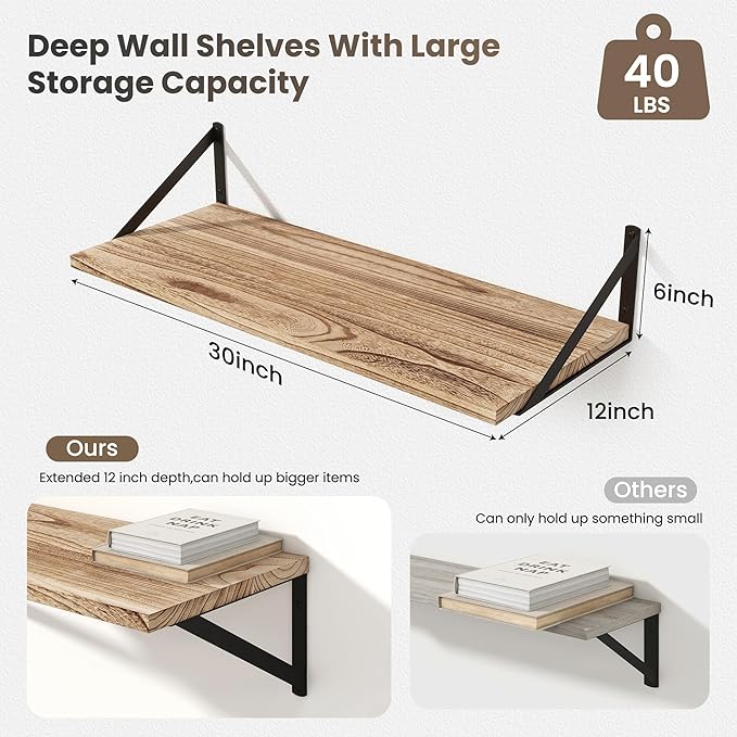 Marsmiles Deep Floating Shelves for Wall - 30 Inch Wide x 12 Inch Deep Wall Shelves Set of 2 - Rustic Wood Floating Shelves for Living Room Bedroom Bathroom