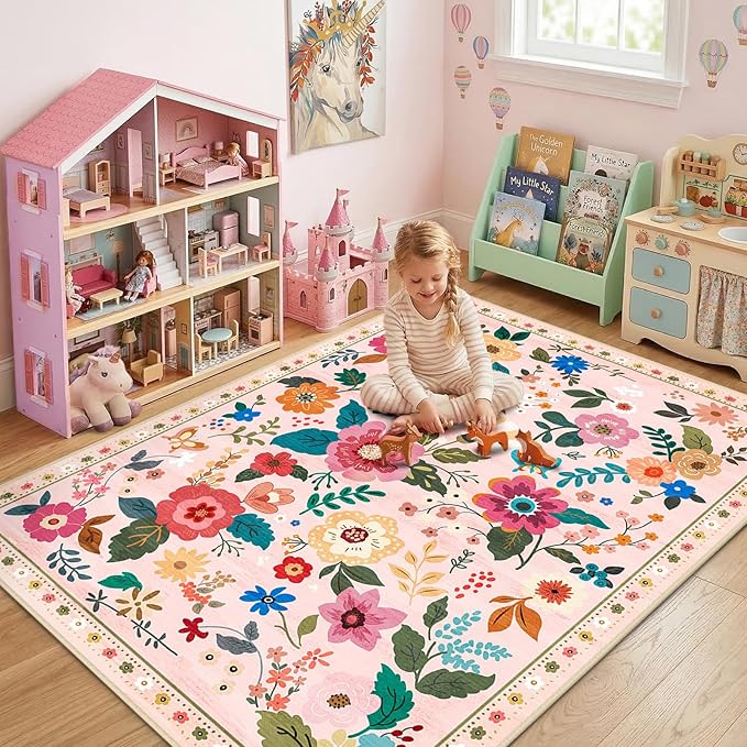 RELEANY Floral Nursery 6x9 Area Rugs Washable Print Boho Cute Carpet Non Slip Flower Low Pile for Living Room Kids Girls Playroom Bedroom Kitchen Office Farmhouse-Pink