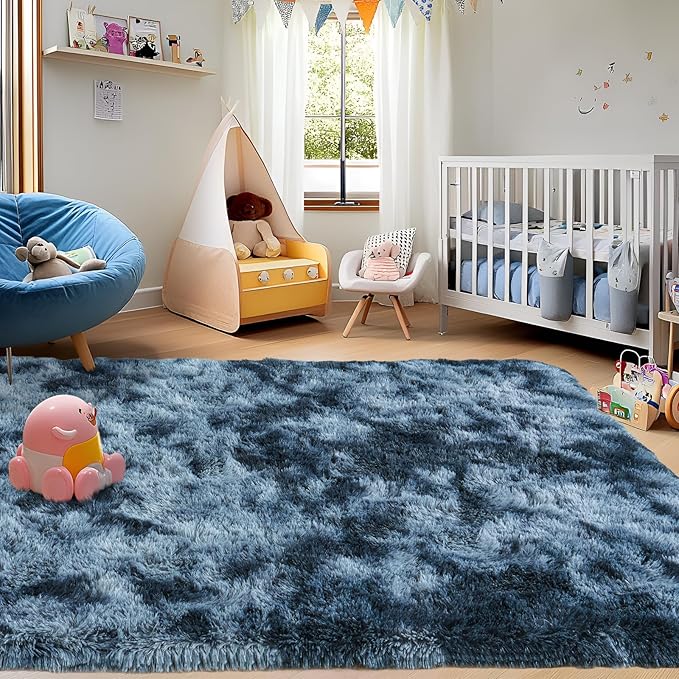 Ultra Soft Rugs for Living Room Bedroom, 5x7 Area Rugs for Living Room, Modern Shaggy Carpets Fuzzy Rug for Boys Girls Dorm Nursery Home Decor Aesthetic, Upgrade Non-Slip Durable, Tie-Dyed Blue Grey