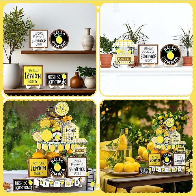 Bucherry 19 Pcs Summer Lemon Tiered Tray Decor Set Farmhouse Wood Summer Table Decorations Rustic Wooden Table Signs Tiered Tray Decor for Home Kitchen Shelf Tabletop