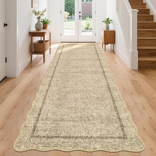 GarveeHome Scalloped Runner Rug for Hallway 2x10 Kitchen Rugs Non Slip Washable Modern Entryway Rug Farmhouse Soft Bathroom Rugs Stain Resistant Carpet for Hallway Laundry Bedroom 2'x6' Jute Color