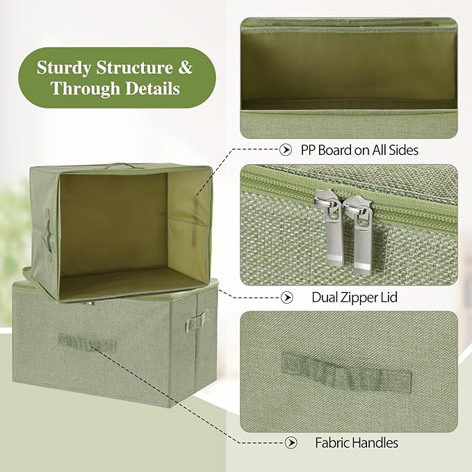 ANMINY 3PCS Storage Bins with Zipper Lids 13 Qt Lidded Fabric Storage Boxes Baskets Cubes with Handles Collapsible Washable Cotton Linen Closet Shelf Clothes Organizer Containers - Green, Small