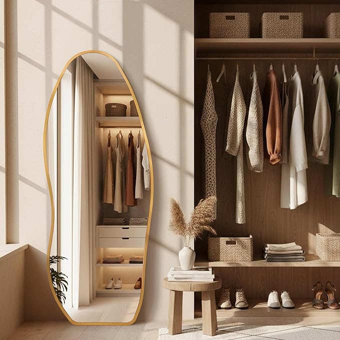Dorlicecass Mirror Full Length - Irregular Full Body Mirror Standing or Leaning or Wall Hanging 63"x 24" Asymmetrical Aviation Aluminum Alloy Frame Unique for Bedroom, Living Room, Cloakroom, Entryway
