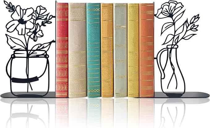 Metal Flower Book Ends, Cute Book Ends for Home Office Decor Decorative Book Ends for Shelves, Ideal Gift for Book Lovers(Black)