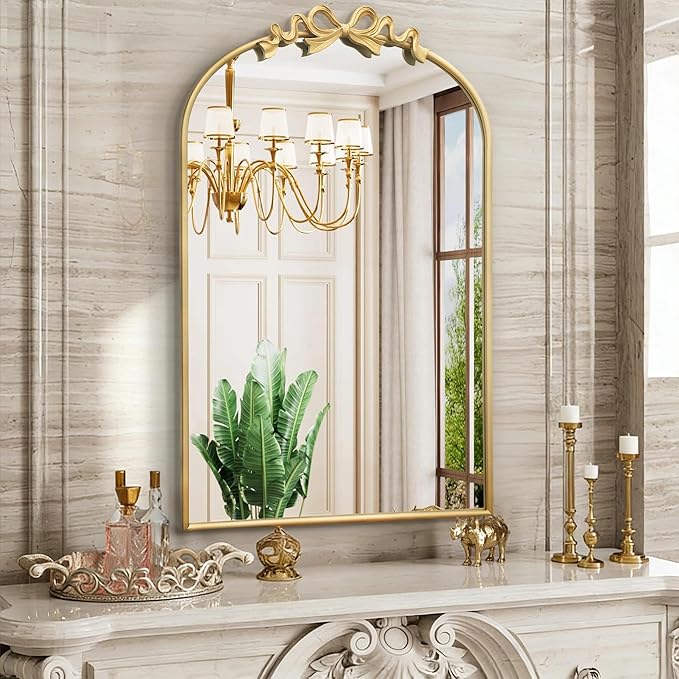 Besdomus Vintage Arched Gold Mirror: 24"x36" Large Gold Antique Bow Wall Mounted Mirror - Baroque Traditional Ornate for Entryway/Fireplace/Bathroom/Hallway - Wall Decor for Housewife