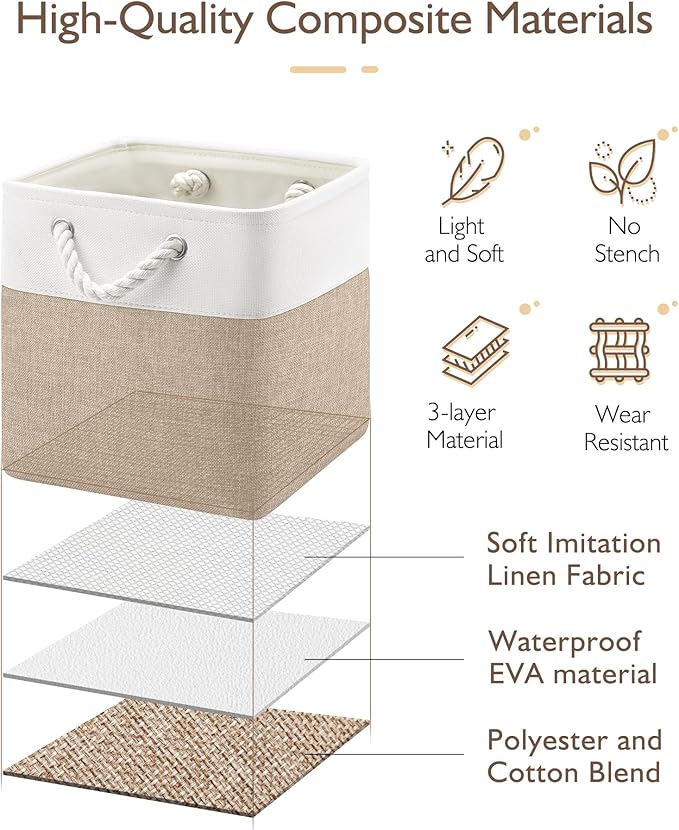 Patvingot 11 Inch Cube Storage Bins, 6 Pack Fabric Storage Cubes with Rope Handles, Organizer Baskets for Closet Shelves, Clothes and Home Organization(White/Khaki)
