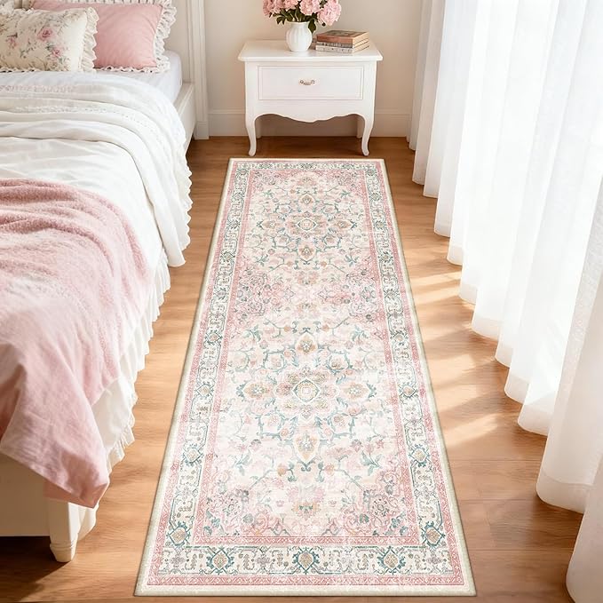 CAPALOCA Machine Washable Rugs Nursery Rug 2x6 Cute Girl Non Slip Low Pile Water Repellent Soft Print Pattern for Bedroom Indoor Decor Kids Playroom Pink Teal