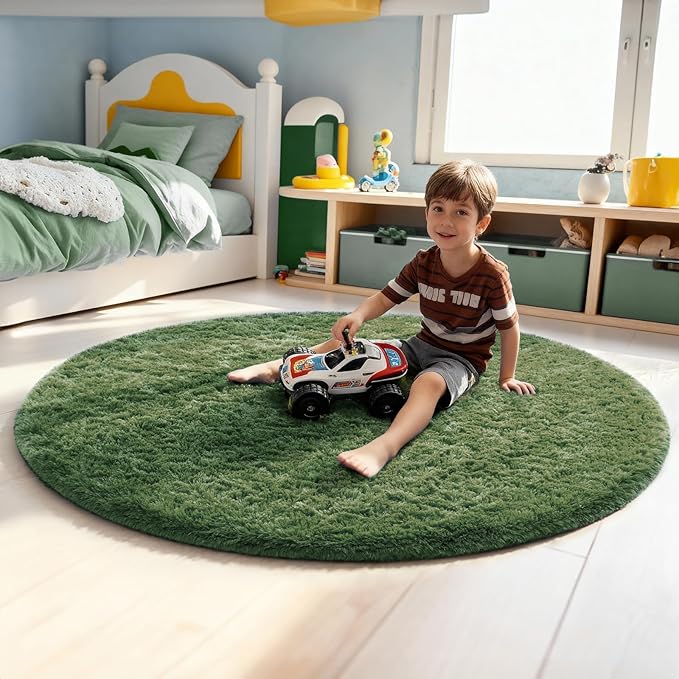 Ophanie Round Rug 5Ft Grey Green Circle Area Rug, Grayish Green Room Decor, Fluffy Fuzzy Bedroom Carpet, Plush Soft Shaggy Living Room Rugs for Kids Home Decor Aesthetic, Nursery